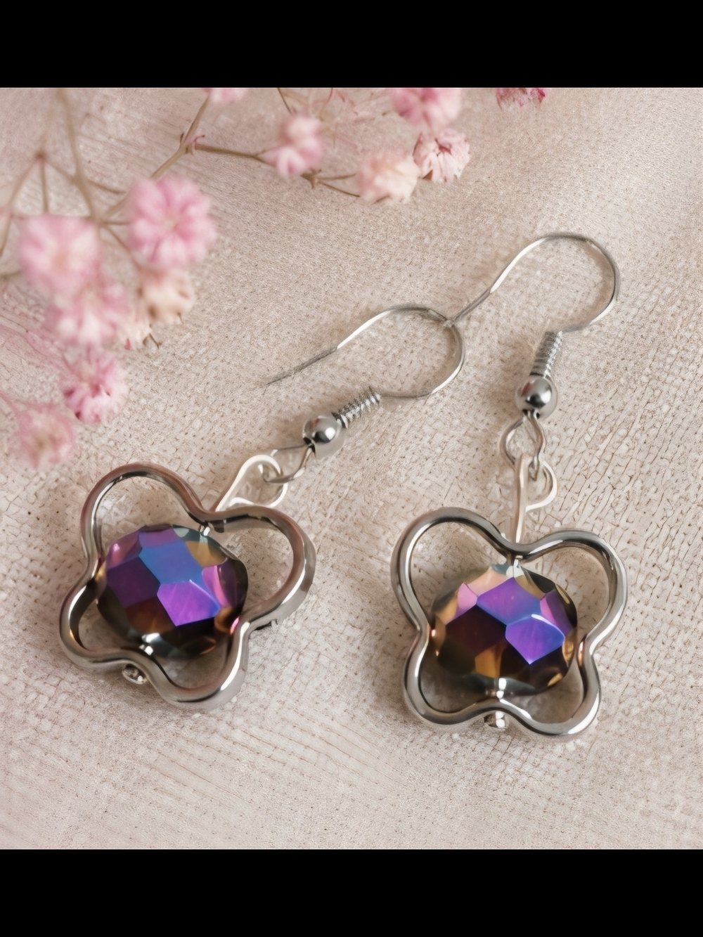 Silver Floral Drop Earrings with Iridescent Purple Crystal